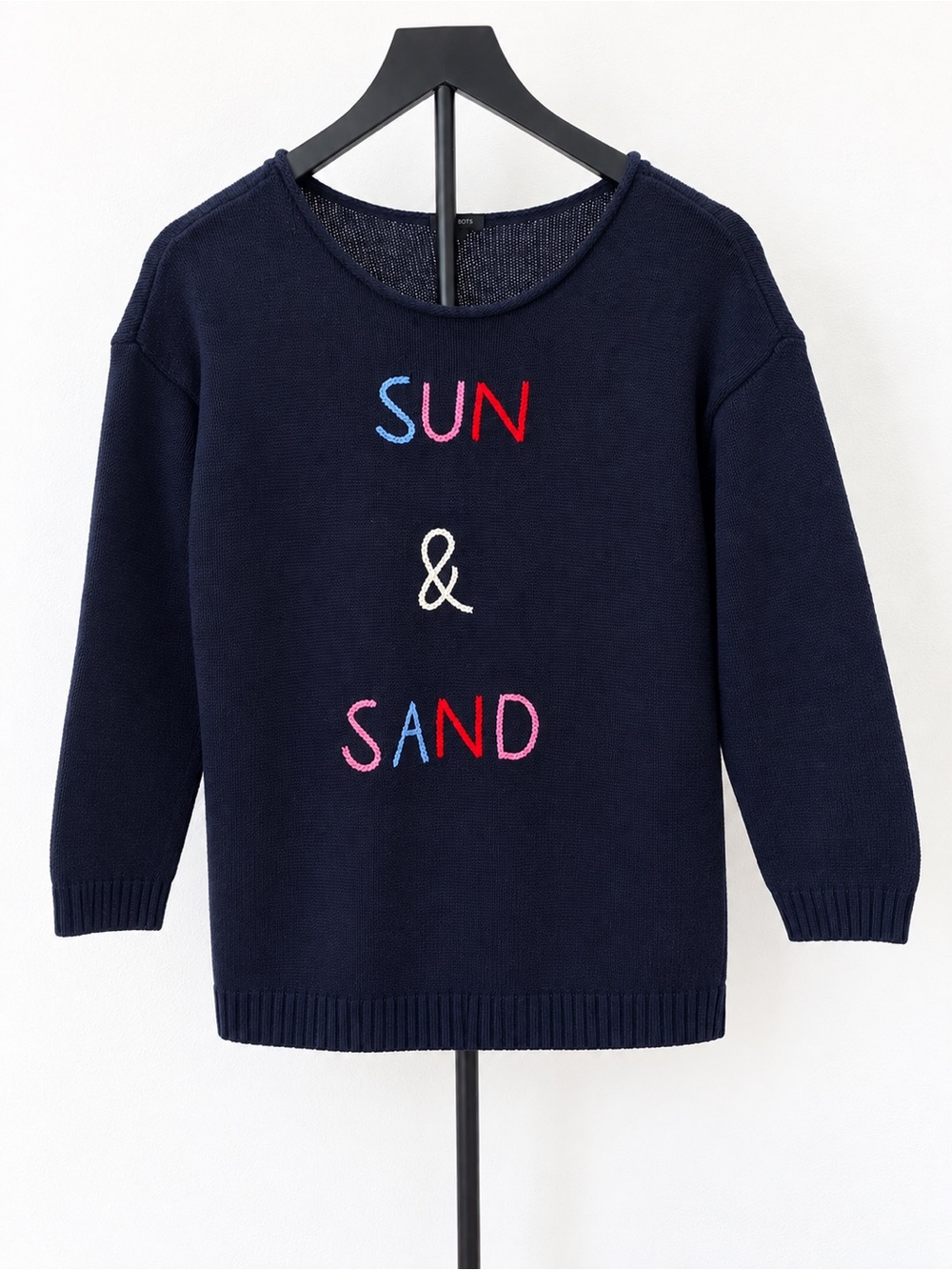Talbots Navy Pullover Sweater with Multicolor 'SUN & SAND' Embroidery